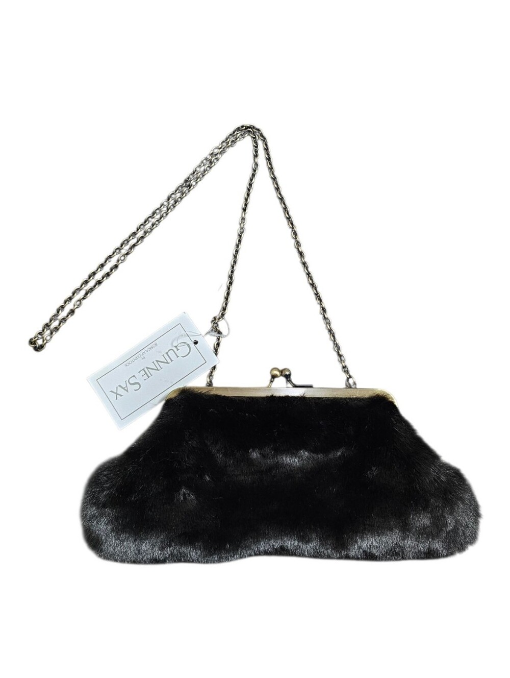 Vintage Deadstock Gunne Sax NEW Black Faux Fur Chain Clutch - Picture 2 of 4